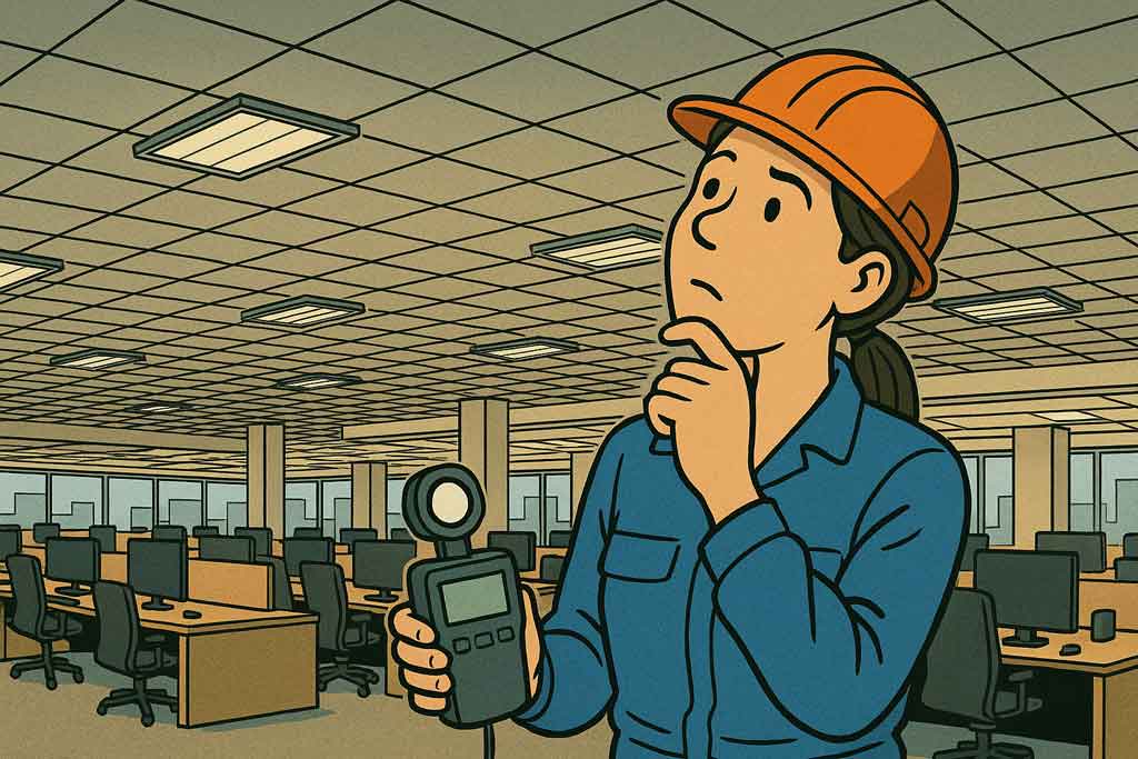 Installer looking at luminaires in ceiling
